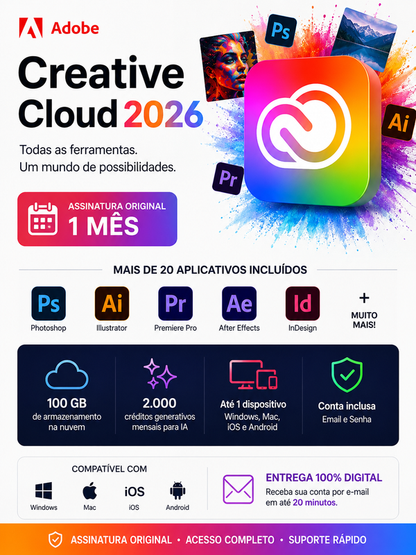 Adobe Creative Cloud 2026 - Assinatura Original Conta (troca de contas)